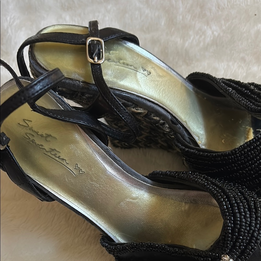 Beaded Black Wedge High Heels